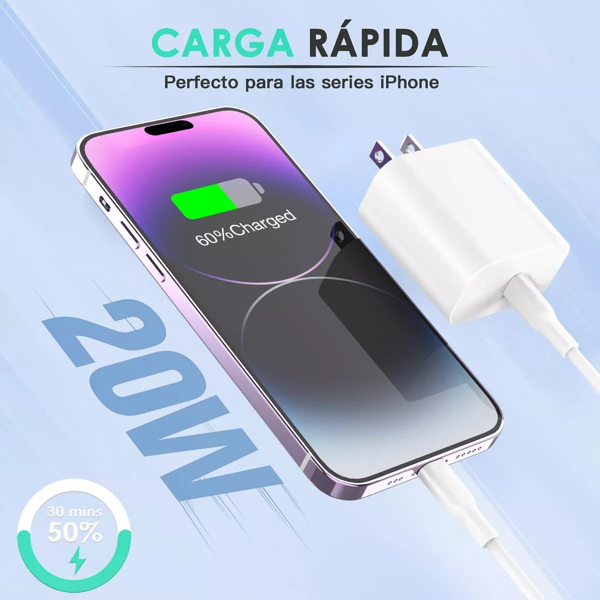 CARGADOR TURBO 3A 20W CARGA RÁPIDA COMPATIBLE CON IPHONE XS/XR/11/12/13/14