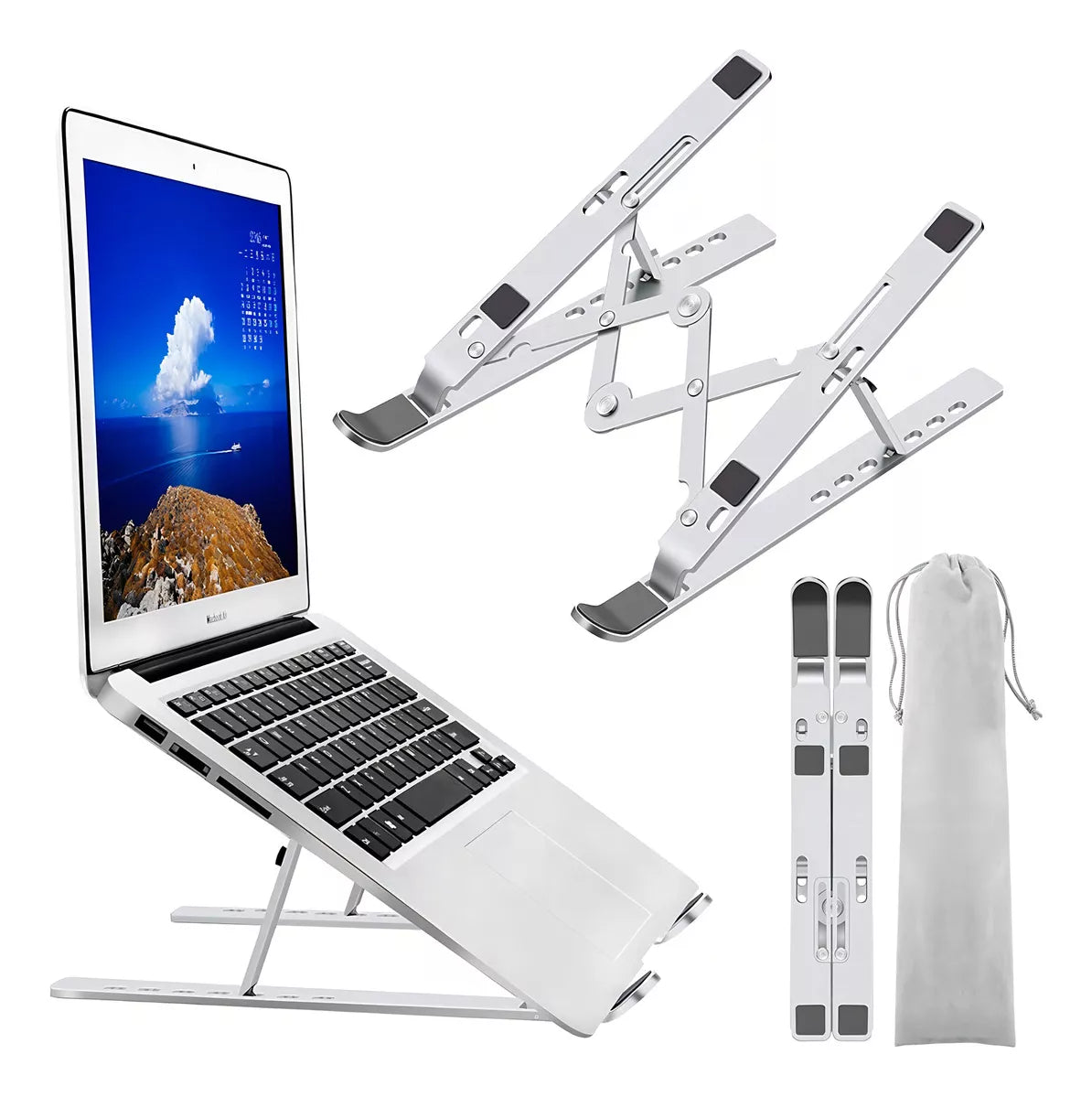 SOPORTE BASE NOTEBOOK ALUMINIO REGULABLE TABLET CELULAR COLOR PLATEADO