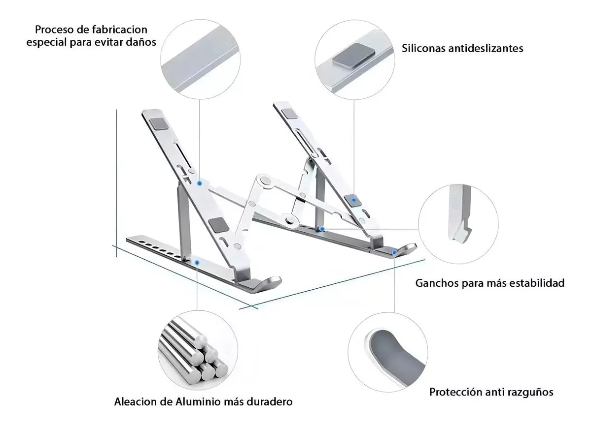 SOPORTE BASE NOTEBOOK ALUMINIO REGULABLE TABLET CELULAR COLOR PLATEADO