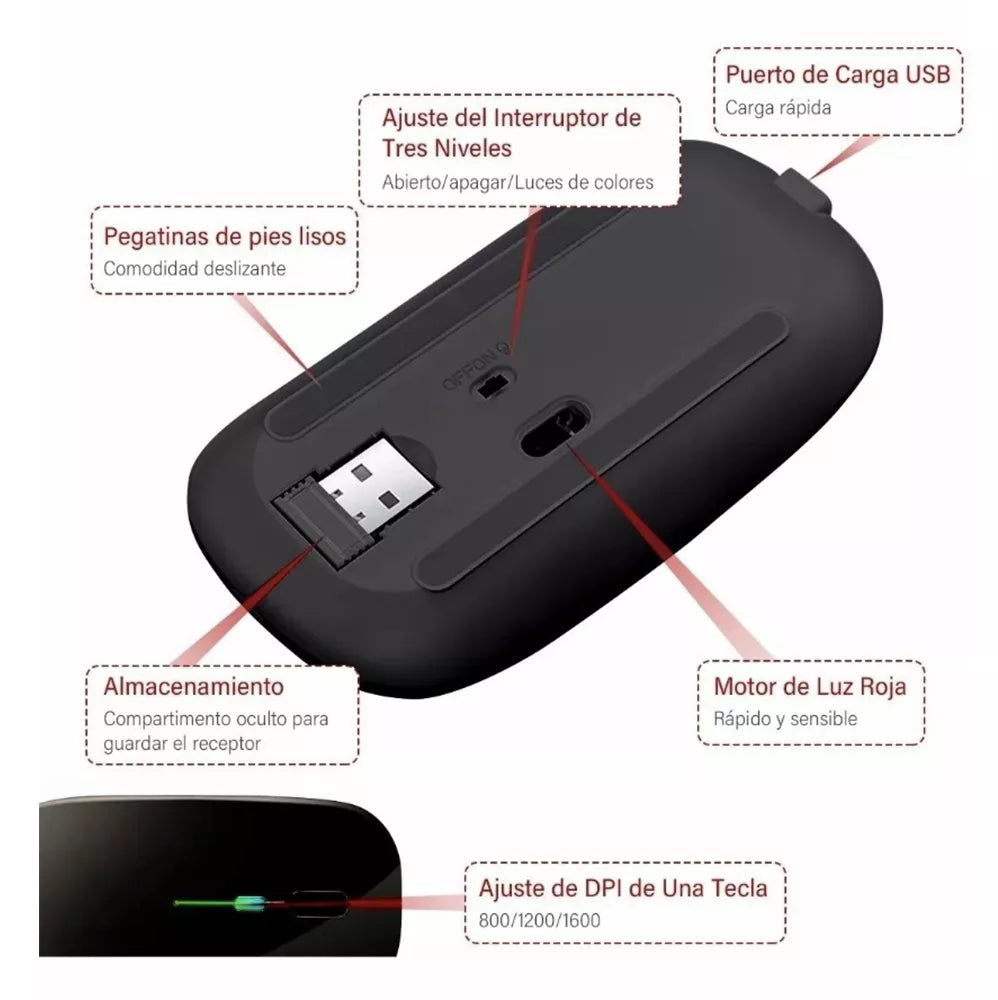 RECHARGEABLE MOUSE INALÁMBRICO ULTRA-THIN RATON PORTATIL USB Y 2.4G WIRELESS